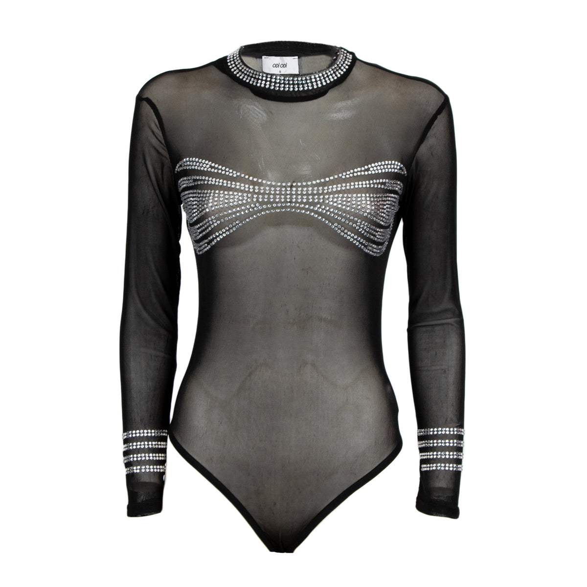 A sheer black long-sleeve bodysuit with silver rhinestone embellishments across the chest and on the cuffs, displayed against a solid white background.