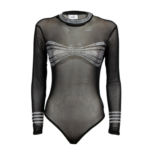 A sheer black long-sleeve bodysuit with silver rhinestone embellishments across the chest and on the cuffs, displayed against a solid white background.