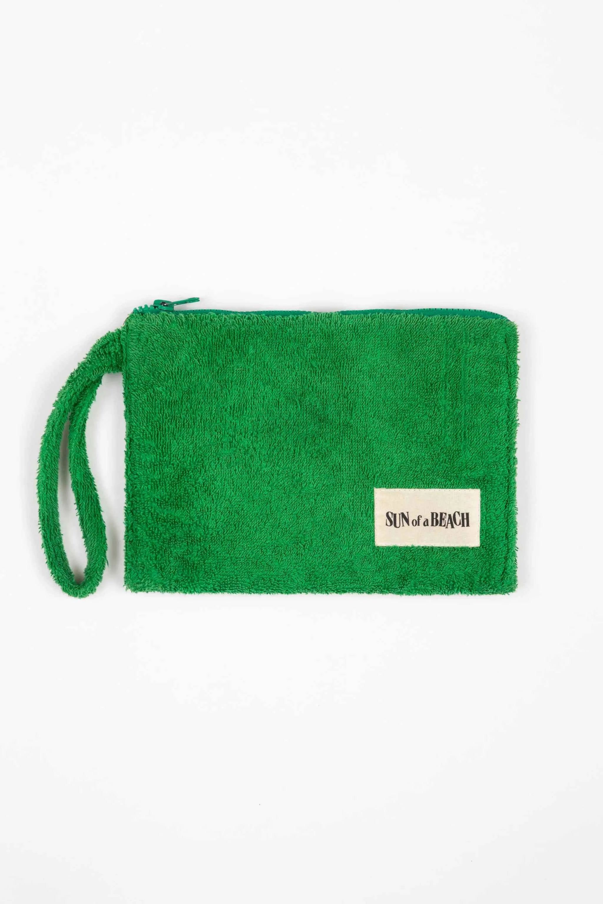 Green pouch with a brand label on a white background