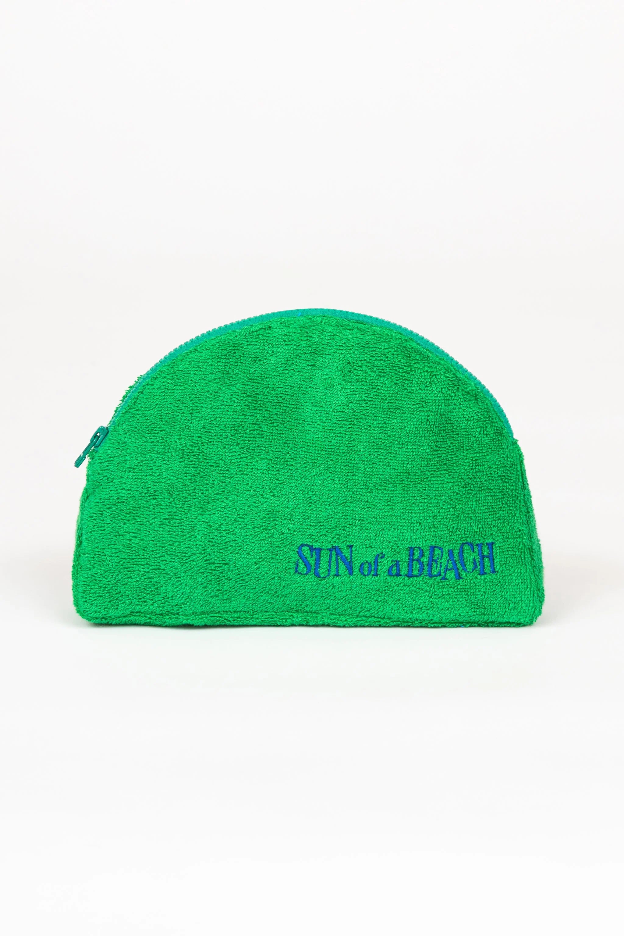 Green pouch with 'Sun of a Beach' text on a white background