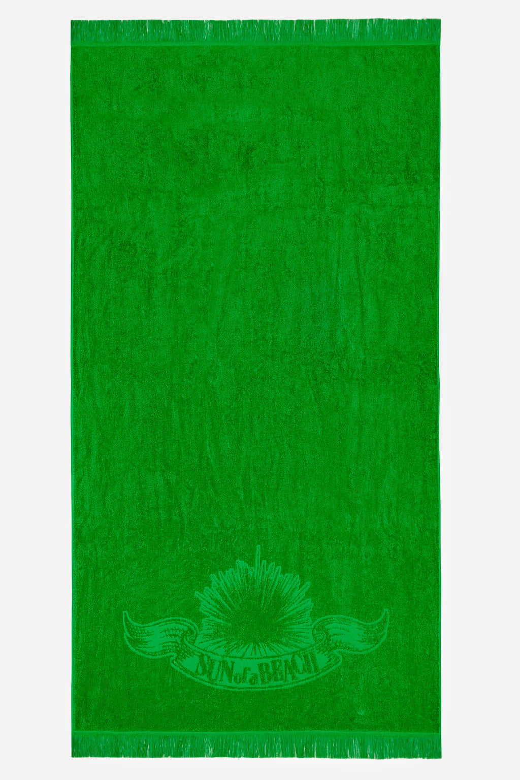 Green towel with a logo on a white background