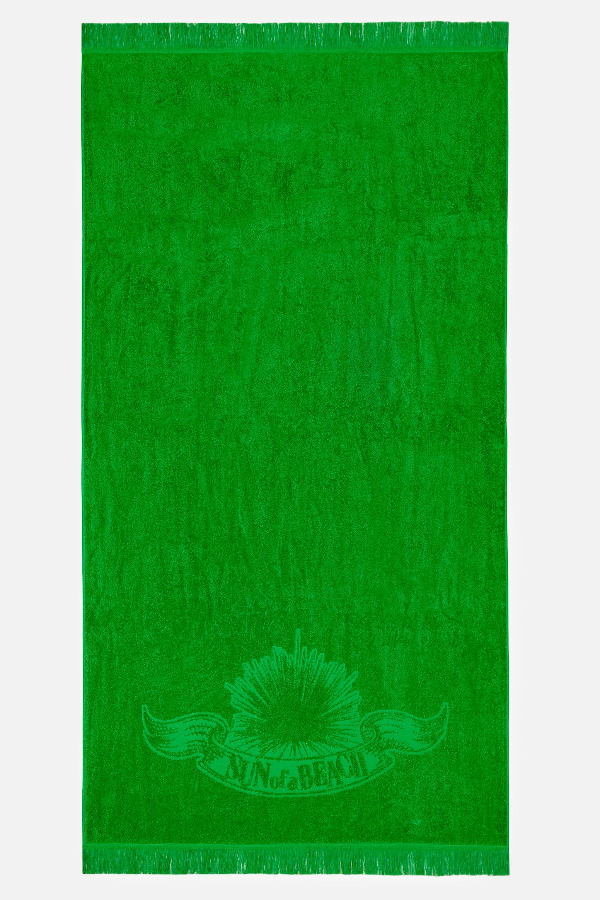 Green towel with a logo on a white background