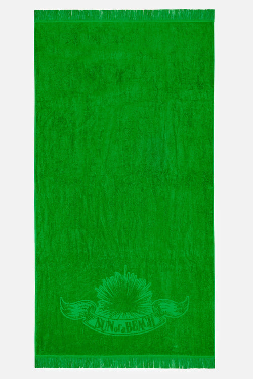 Green towel with a logo on a white background