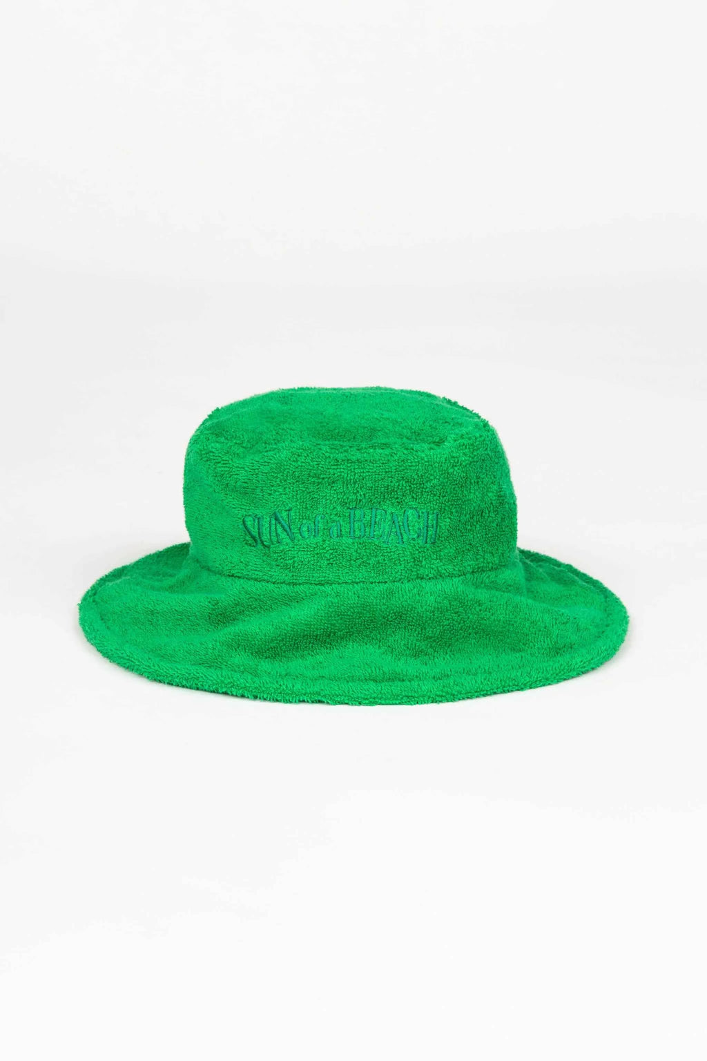 Green bucket hat with branding on a white background
