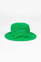 Green bucket hat with branding on a white background