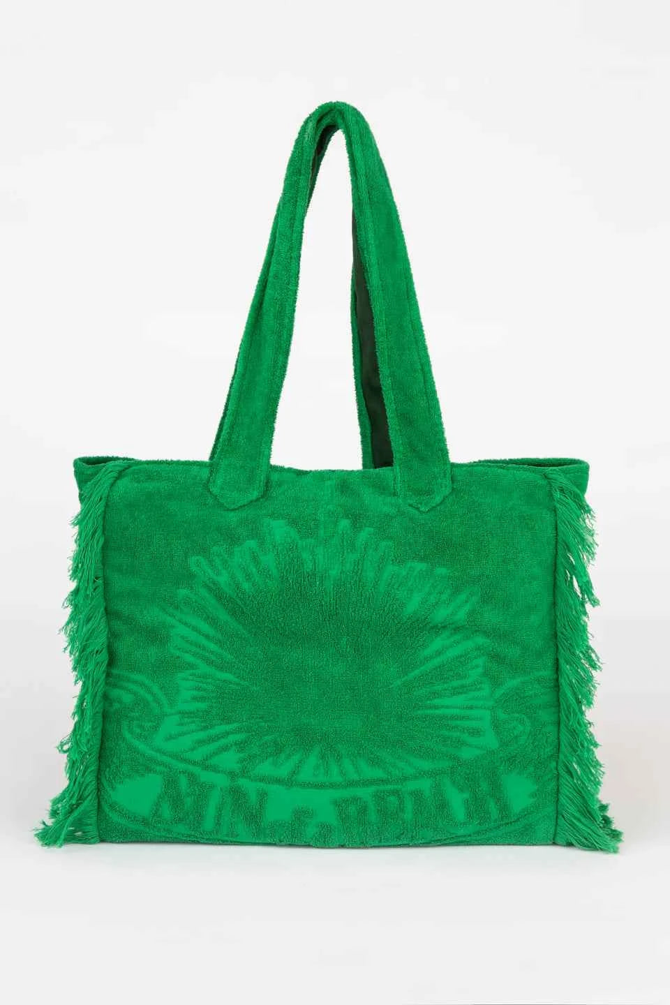 Green tie-dye tote bag with fringes on a white background