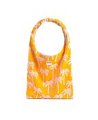 A yellow fabric tote bag with a white palm tree pattern and a small white 'WOUF' brand label on the front, shown against a plain white background.