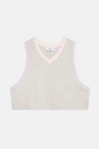 Light-colored sleeveless top with a V-neck on a white background