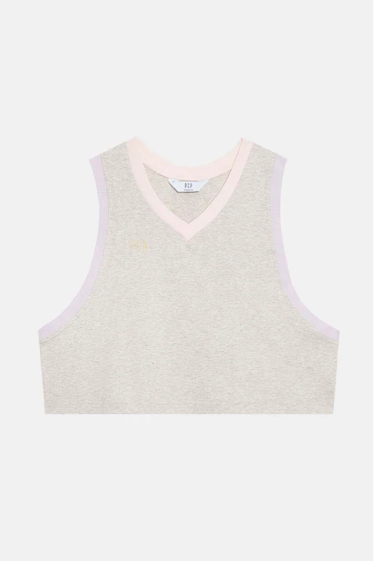 Light-colored sleeveless top with a V-neck on a white background