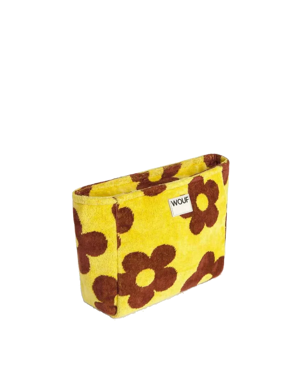 A yellow plush pouch with a brown flower pattern, featuring a small white label with the brand name 'WOOF' on the side, set against a plain white background.
