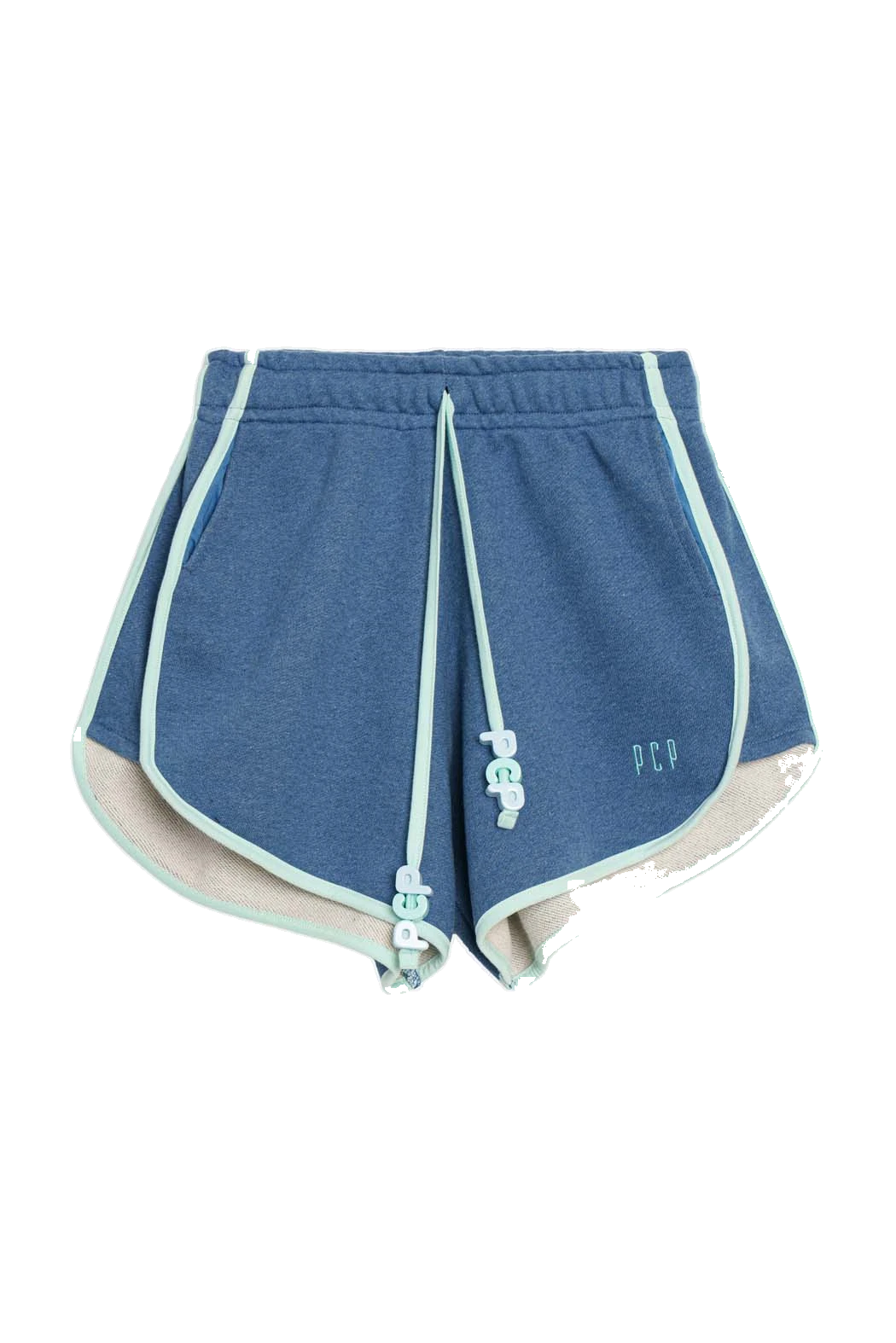 Blue athletic shorts with mint green piping and drawstrings, featuring a small embroidered 'PCP' logo on the lower right leg, shown against a plain white background.