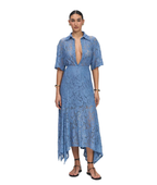 A woman modeling a light blue lace midi dress with short sleeves, a deep plunging neckline, and an asymmetrical high-low hem, set against a plain white background.