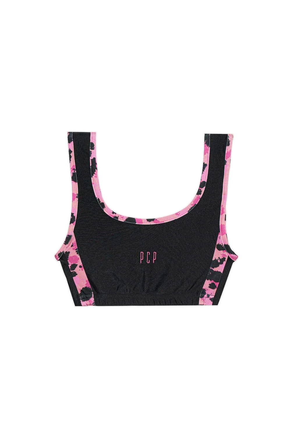 A black scoop-neck crop top with pink and black tie-dye patterned straps and side trim, featuring a small pink 'PCP' logo on the center chest, displayed on a solid white background.