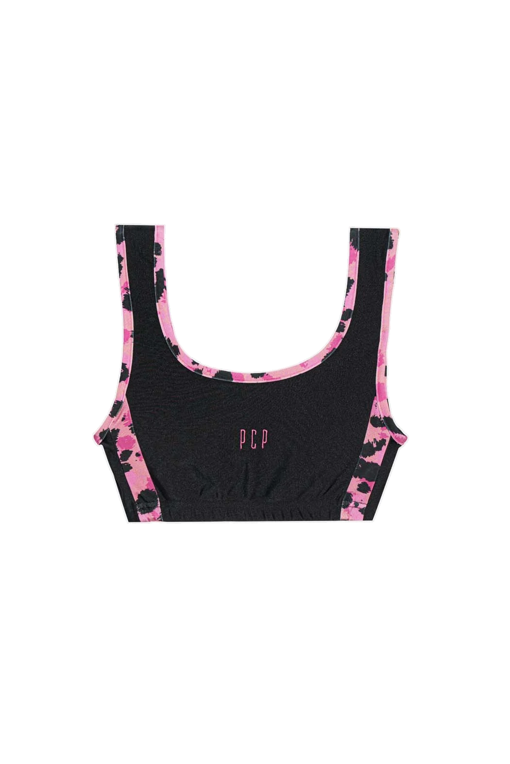 A black scoop-neck crop top with pink and black tie-dye patterned straps and side trim, featuring a small pink 'PCP' logo on the center chest, displayed on a solid white background.