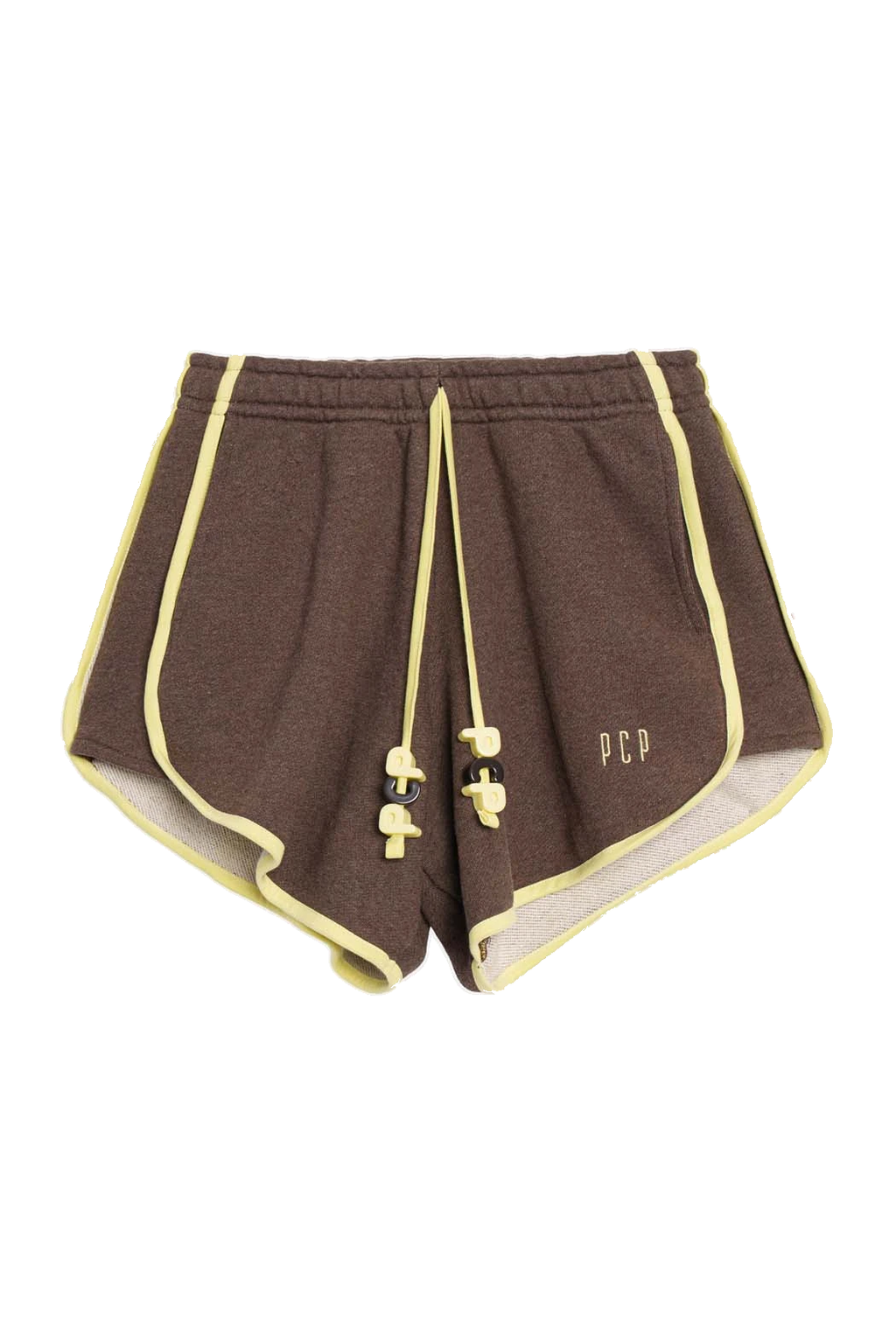 Brown athletic shorts with light yellow trim, drawstrings, and a small 'PCP' logo on the left leg, shown against a plain white background.