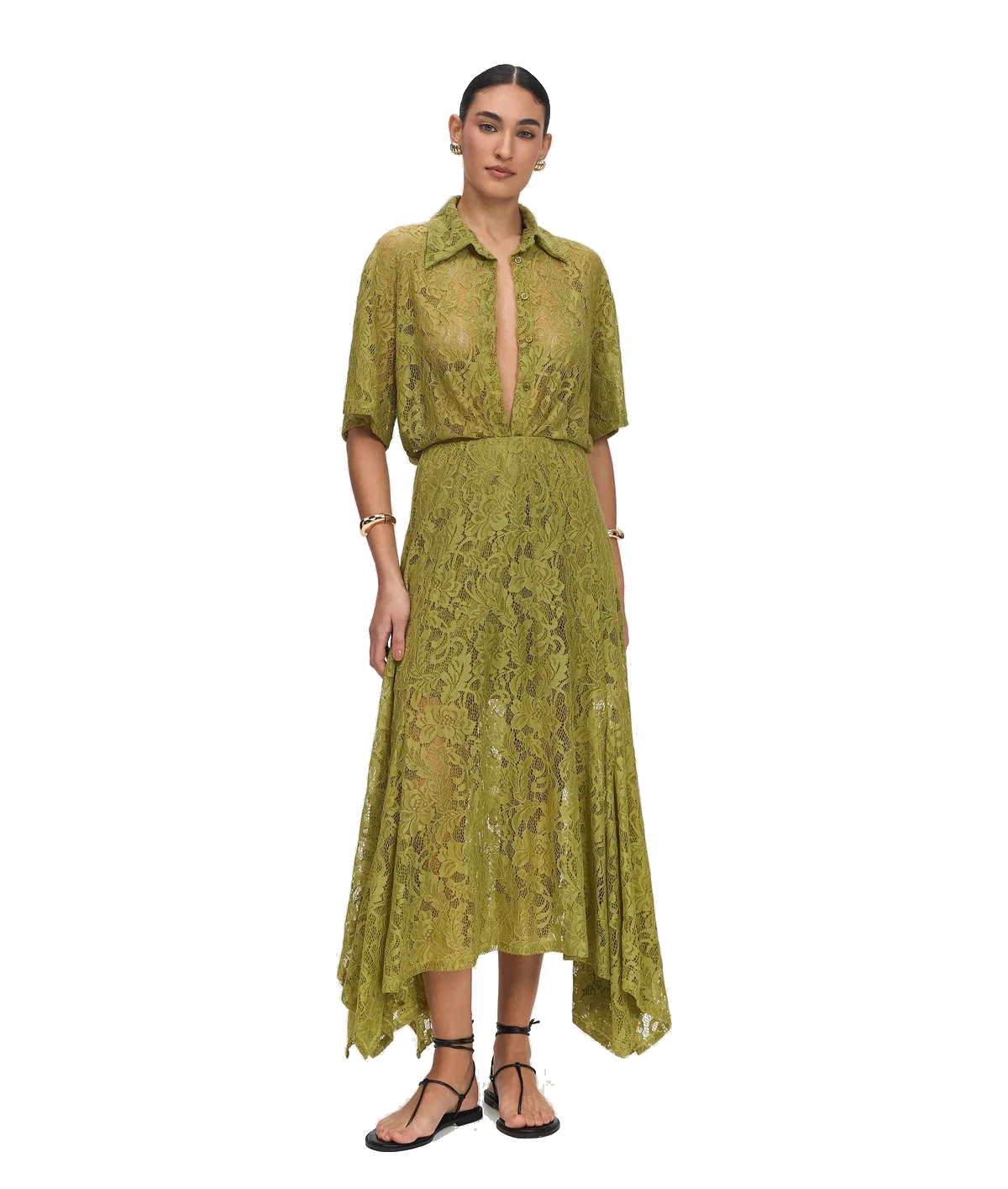 A woman modeling a short-sleeved olive green lace midi dress with a high-low hemline and front keyhole cutout, paired with black strappy sandals, on a solid white background.