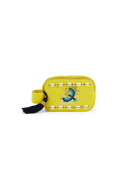 Yellow pouch with decorative elements on a white background