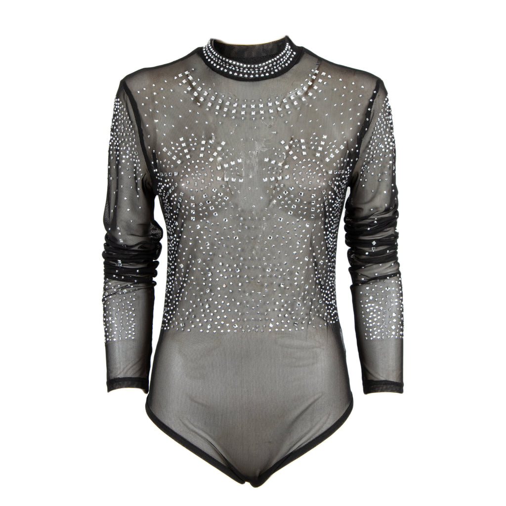 A sheer black long-sleeve leotard bodysuit with silver rhinestone embellishments, a high collar with rhinestone trim, and ruched sleeves, shown against a plain white background.
