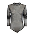 A sheer black long-sleeve leotard bodysuit with silver rhinestone embellishments, a high collar with rhinestone trim, and ruched sleeves, shown against a plain white background.