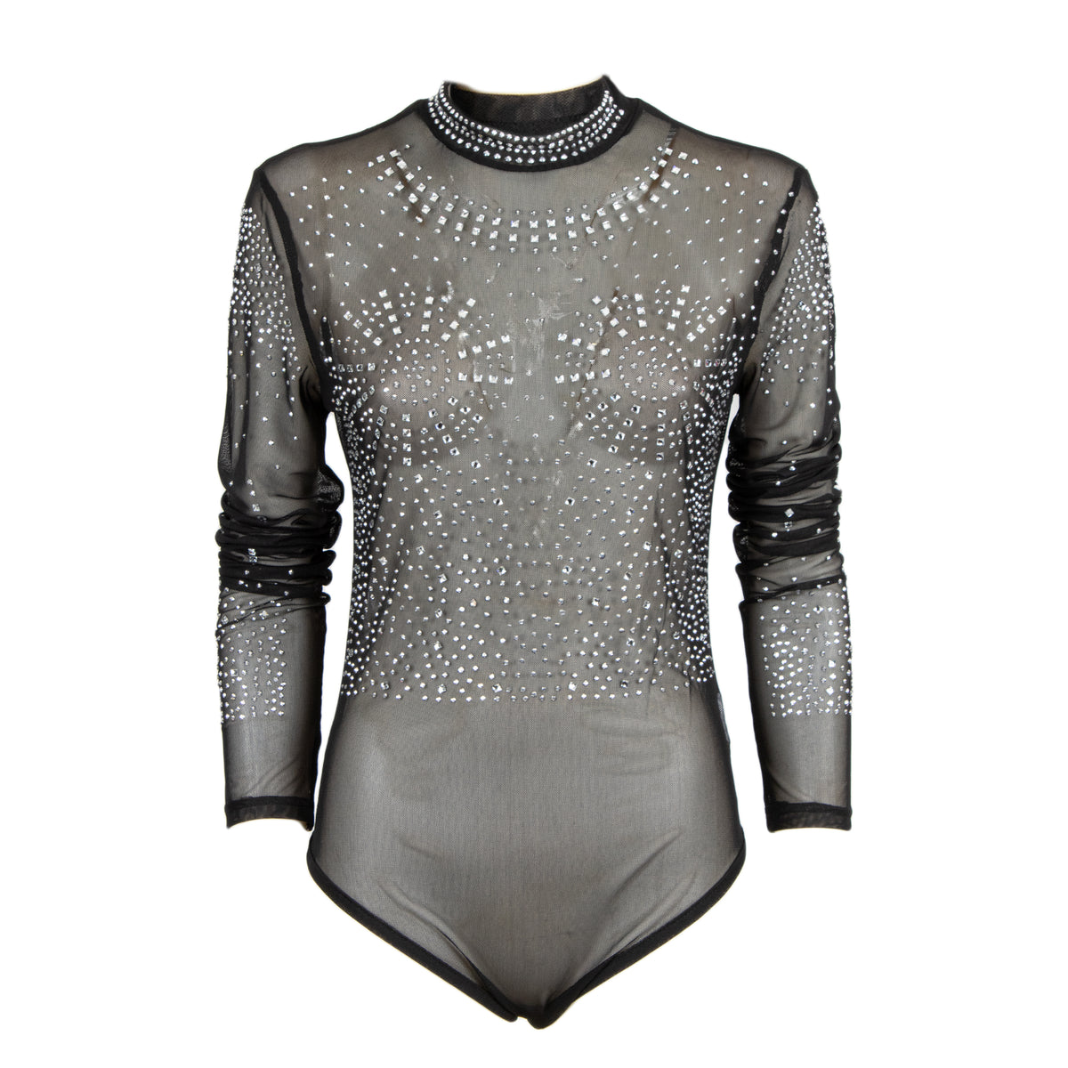 A sheer black long-sleeve leotard bodysuit with silver rhinestone embellishments, a high collar with rhinestone trim, and ruched sleeves, shown against a plain white background.