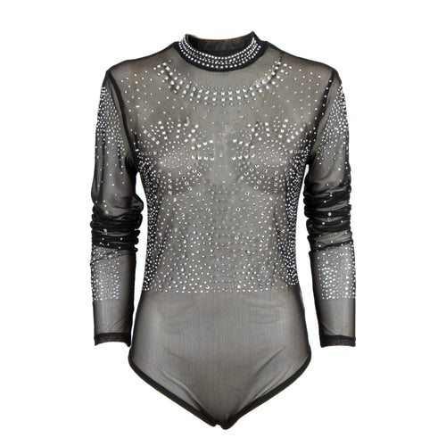 A sheer black long-sleeve leotard bodysuit with silver rhinestone embellishments, a high collar with rhinestone trim, and ruched sleeves, shown against a plain white background.