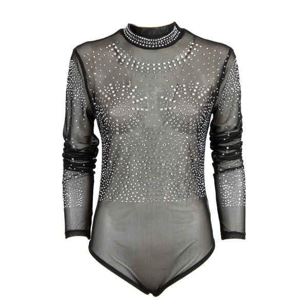 A sheer black long-sleeve leotard bodysuit with silver rhinestone embellishments, a high collar with rhinestone trim, and ruched sleeves, shown against a plain white background.