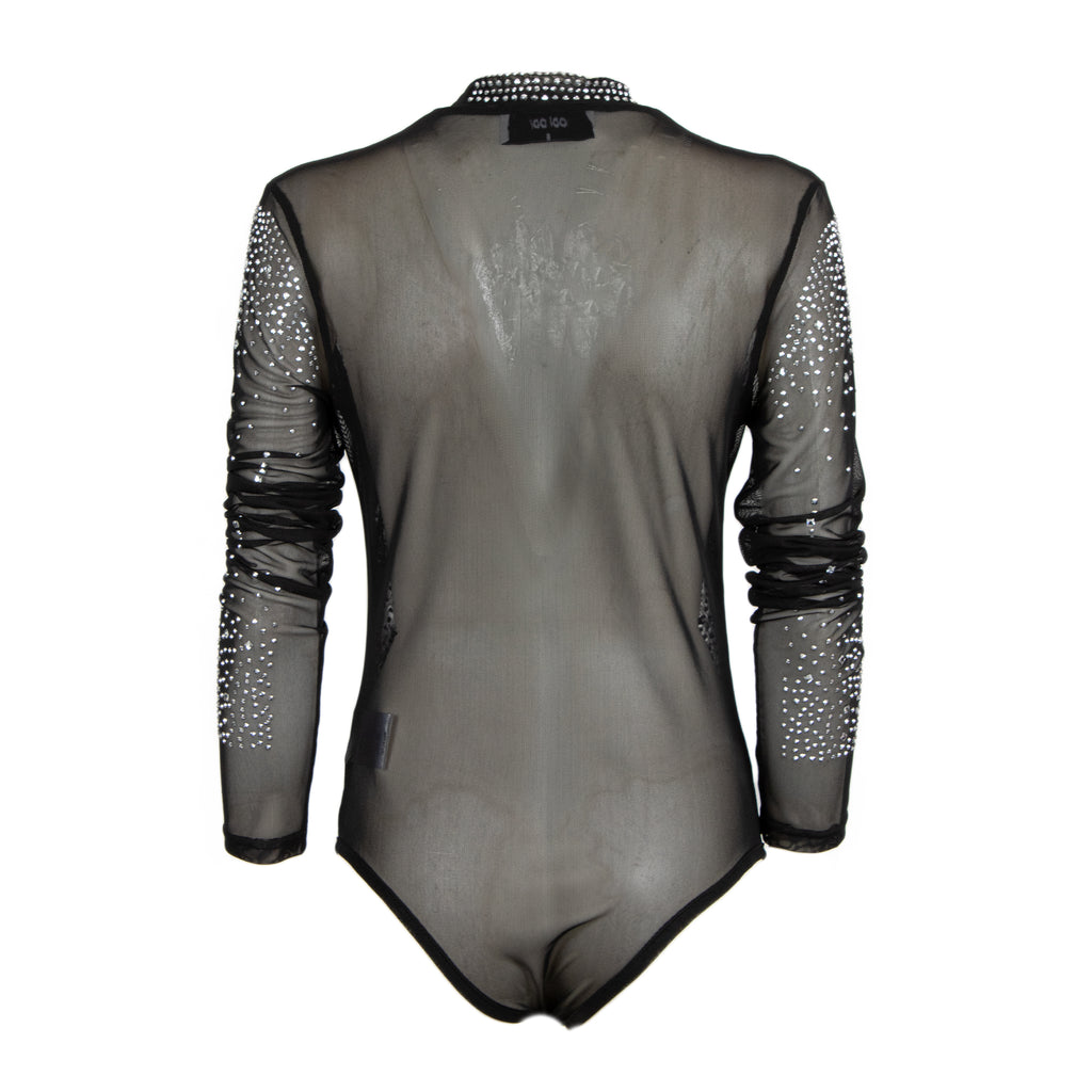A sheer black mesh long-sleeve bodysuit with silver rhinestone embellishments on the sleeves and collar, shown from the back against a white background.
