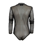 A sheer black mesh long-sleeve bodysuit with silver rhinestone embellishments on the sleeves and collar, shown from the back against a white background.